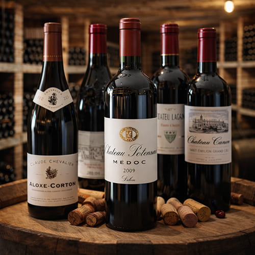 Cinq bouteilles de vin, dont un Aloxe-Corton et un Médoc, présentées sur un tonneau avec des bouchons.